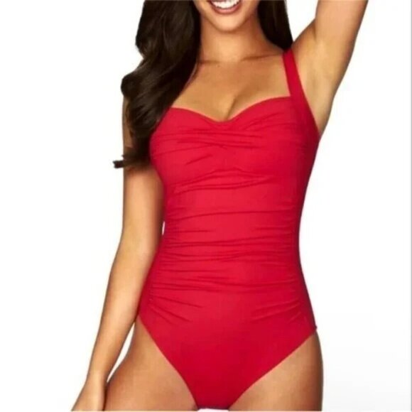 Bond-Eye Australia Red One Piece Tummy Control Ruched Front Swimsuit - Picture 1 of 9